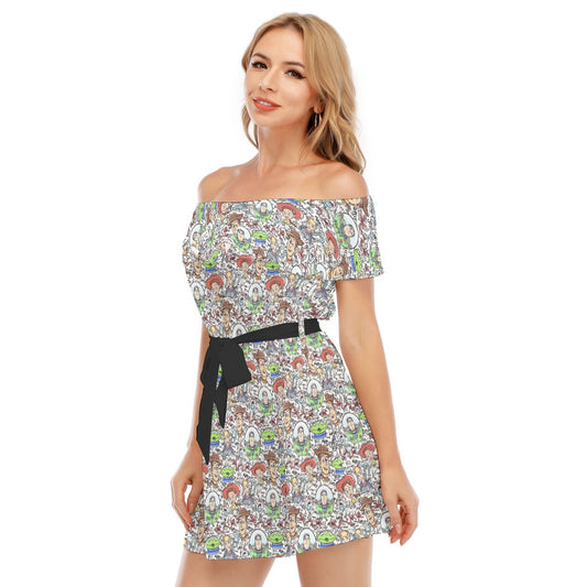 Sketch Autographs of Animated Toy Friends - Women's Off-shoulder Ruffle Dress
