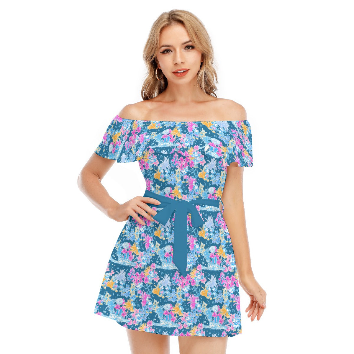Bright Tropical Whimsy - Vintage Steamboat Captain - Women's Off-shoulder Ruffle Dress