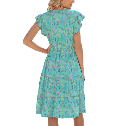 Neon Floral Baby Turtle - Women's Tiered Pocket Midi Dress