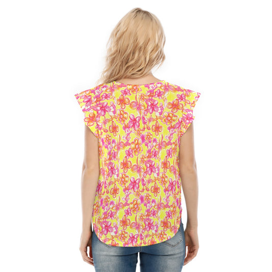 Neon Tropical Floral Friends - Women’s Flutter Sleeve Top