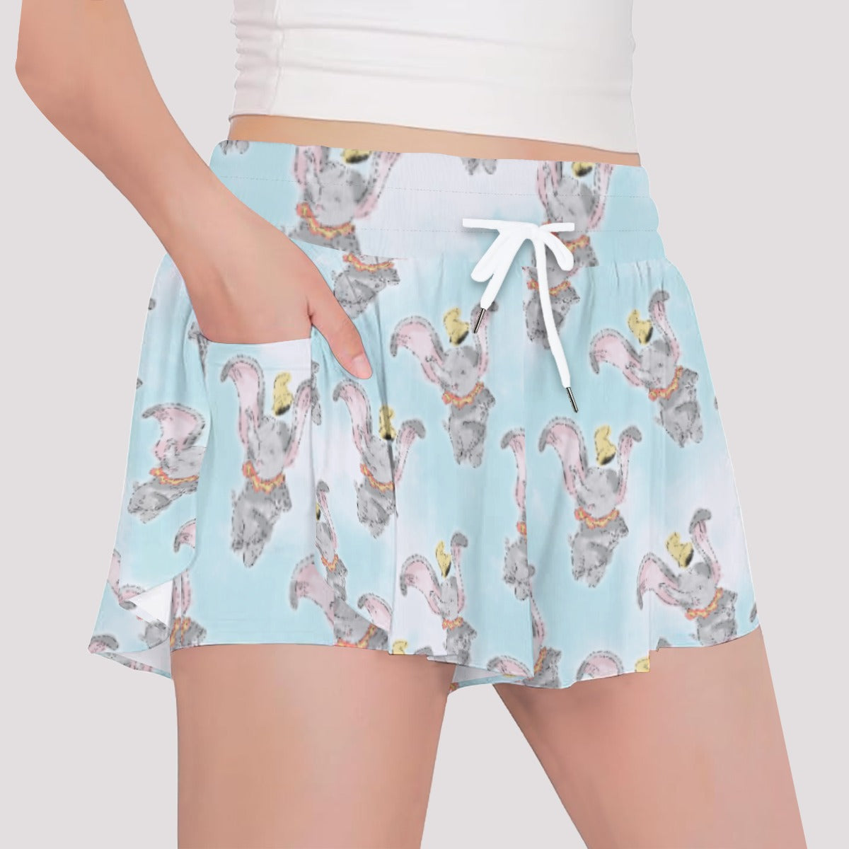 Sketch of Flying Elephant - Girls’ Flowy Pocket Shorts