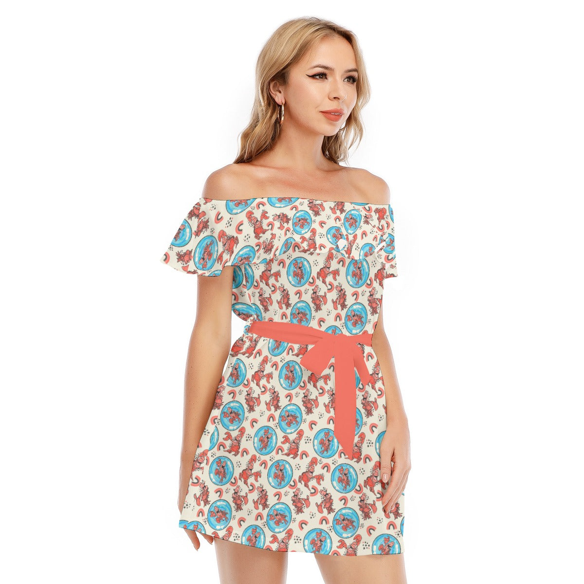 Joyful Crab by the Sea - Women's Off-shoulder Ruffle Dress