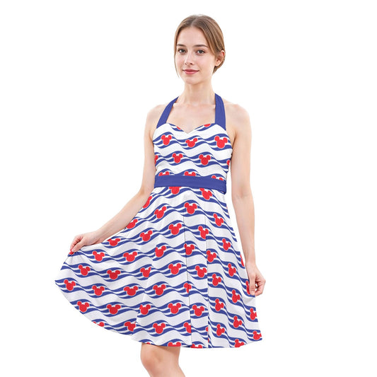 Nautical Cruise Logo Print - Women's Halter Vintage Pocket Dress