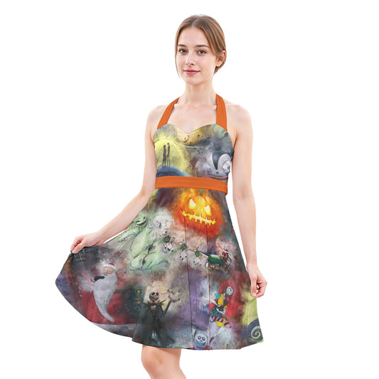 Watercolor Nightmare Town - Women's Halter Vintage Pocket Dress