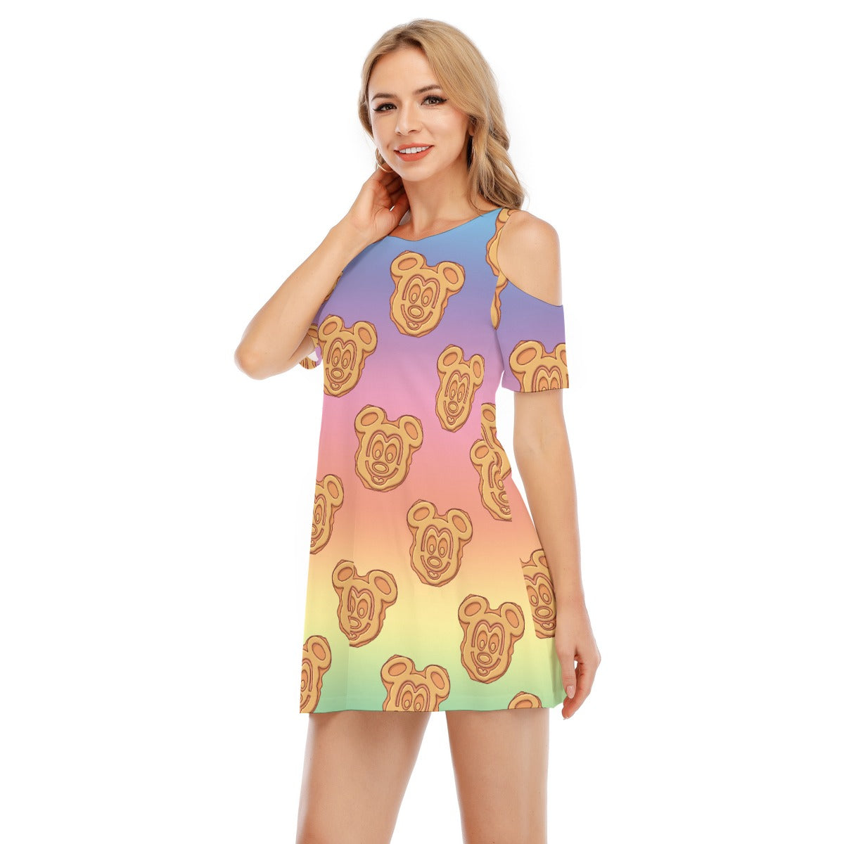 Rainbow Mouse Waffles - Women's Cold Shoulder Cotton Dress