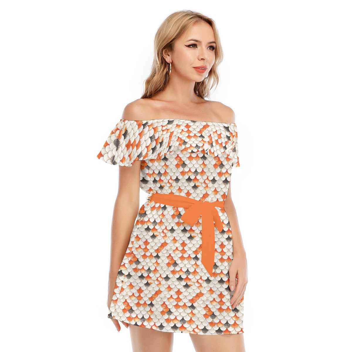 Animal Print - Koi Fish - Women's Off-shoulder Ruffle Dress
