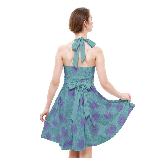Turquoise Monster Spots - Women's Halter Vintage Pocket Dress