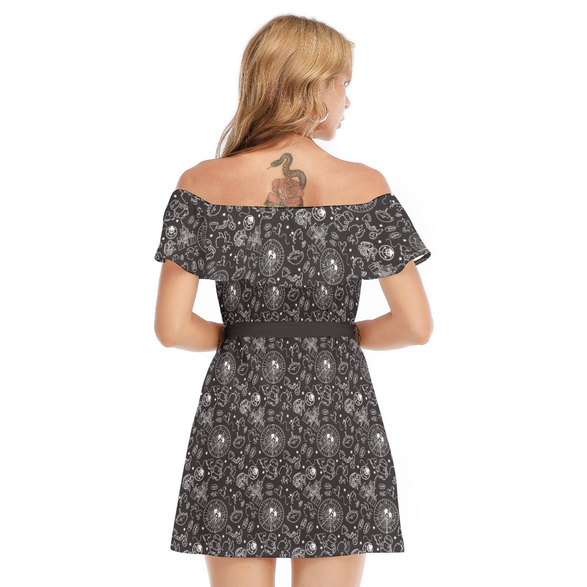 Monochrome Theme Park Icons - Women's Off-shoulder Ruffle Dress