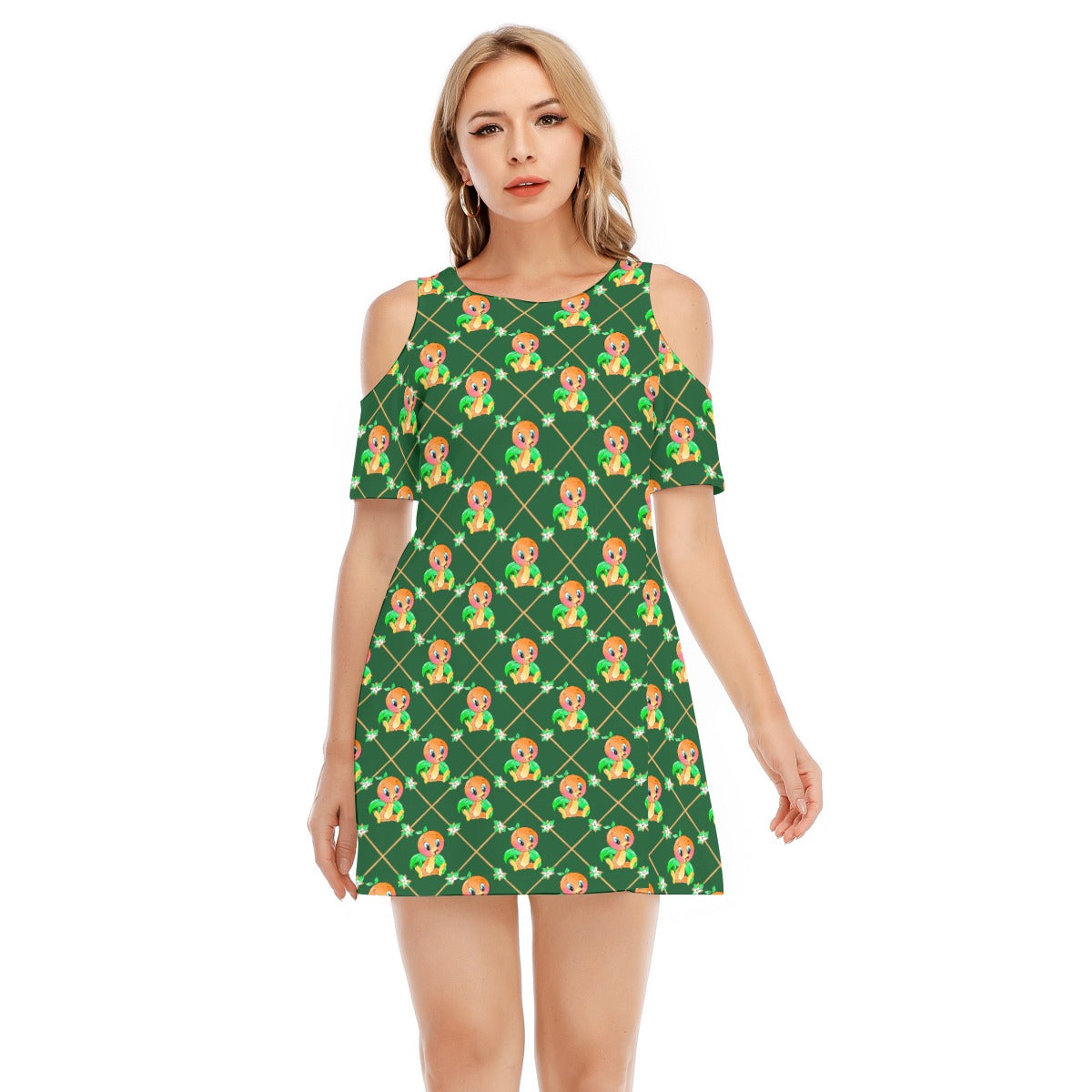 Geometric Citrus Delight - Women's Cold Shoulder Cotton Dress