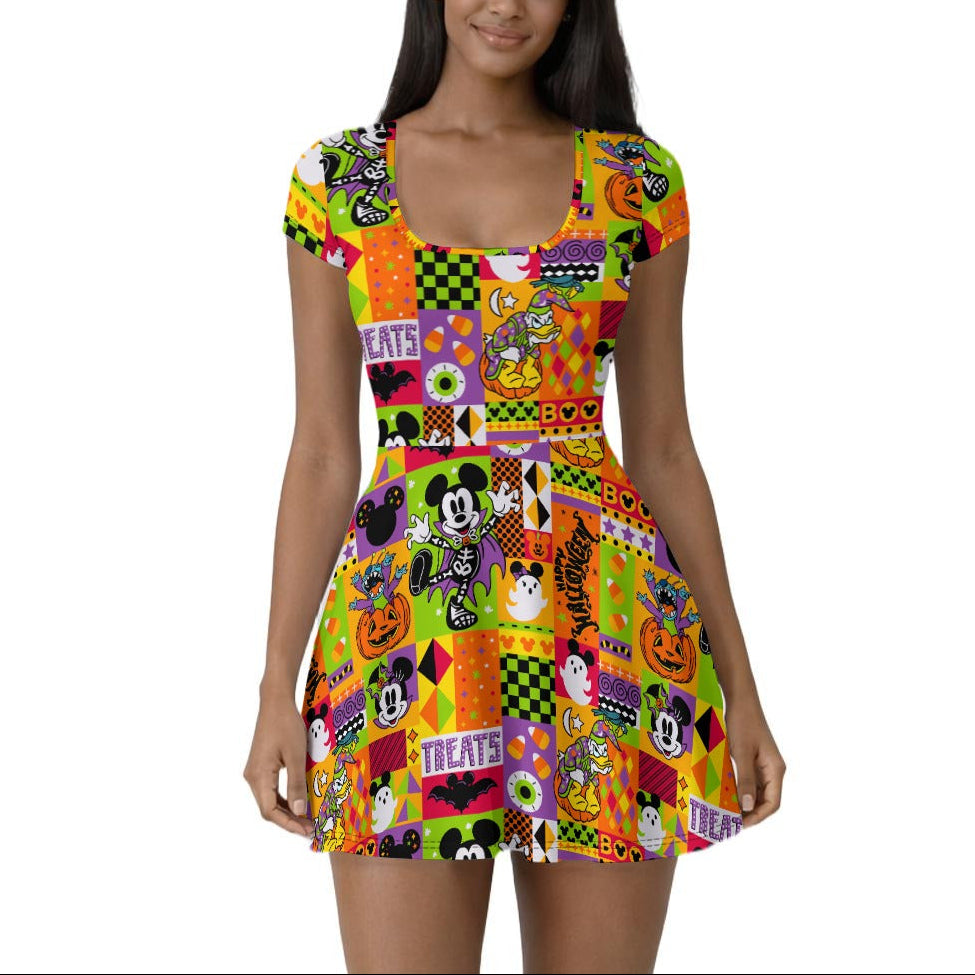 Spooky Patchwork Treats - Women’s Short Sleeve Athletic Skater Dress with Built-In Shorts