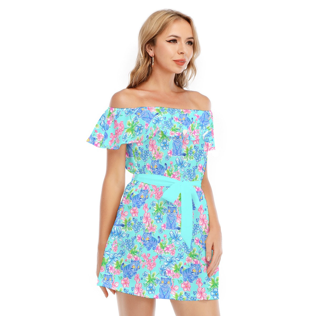 Derpy Tiger Blooms - Women's Off-shoulder Ruffle Dress