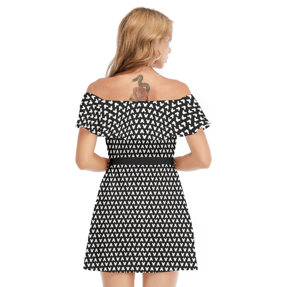 Playful Polka Dot Ears Black - Women's Off-shoulder Ruffle Dress