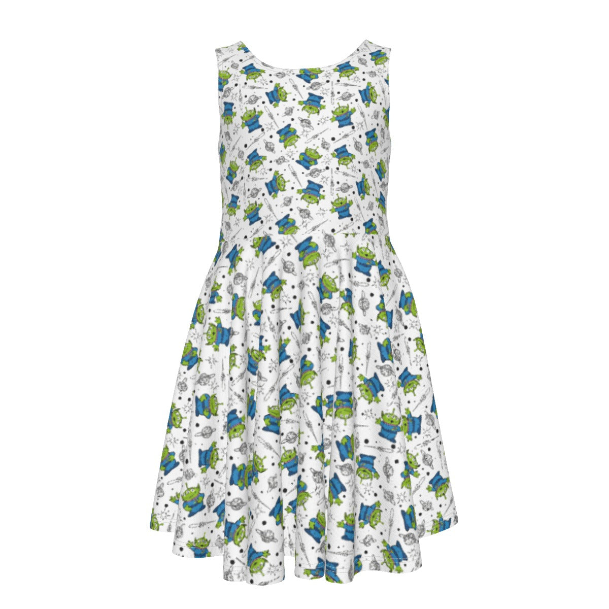 Playful Green Aliens on White - Kid's Sleeveless Skater Dress