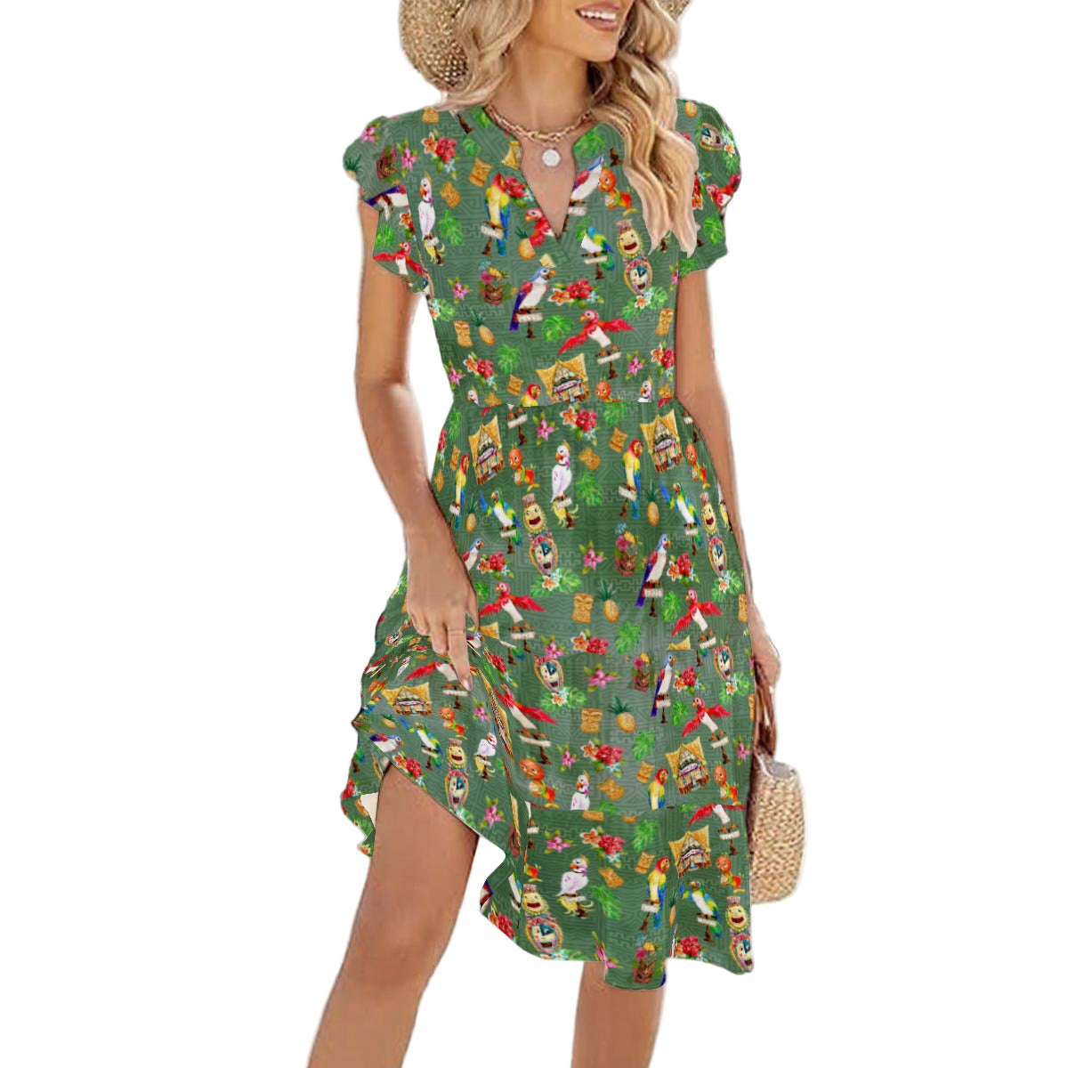Orange Bird & Tiki Friends - Women's Tiered Pocket Midi Dress