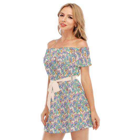 Tattoo Hearts Island Mischief - Women's Off-shoulder Ruffle Dress