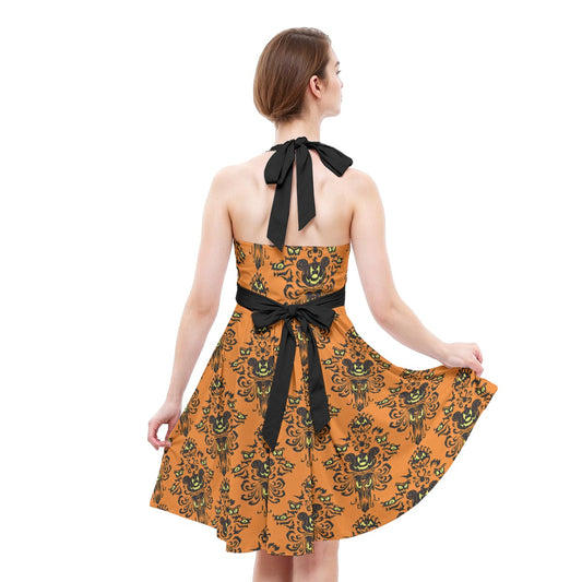 Haunted Halloween Mansion Wallpaper - Women's Halter Vintage Pocket Dress