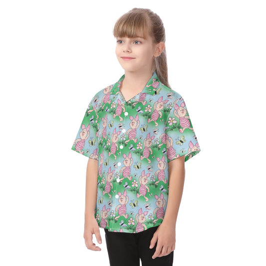 Sketched Shy Friend and Butterflies - Kid's Hawaiian Button Up Shirt