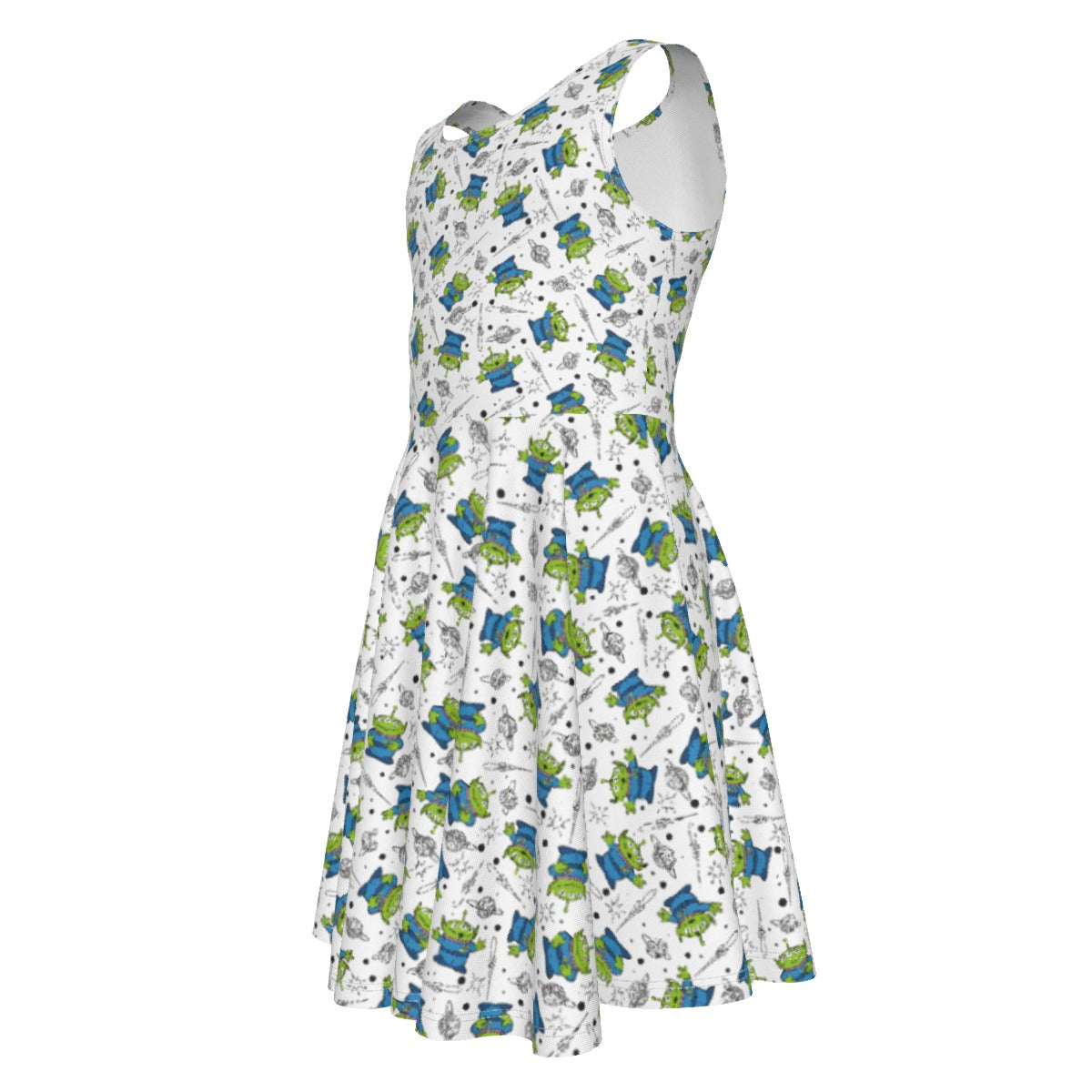 Playful Green Aliens on White - Kid's Sleeveless Skater Dress