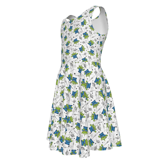 Playful Green Aliens on White - Kid's Sleeveless Skater Dress