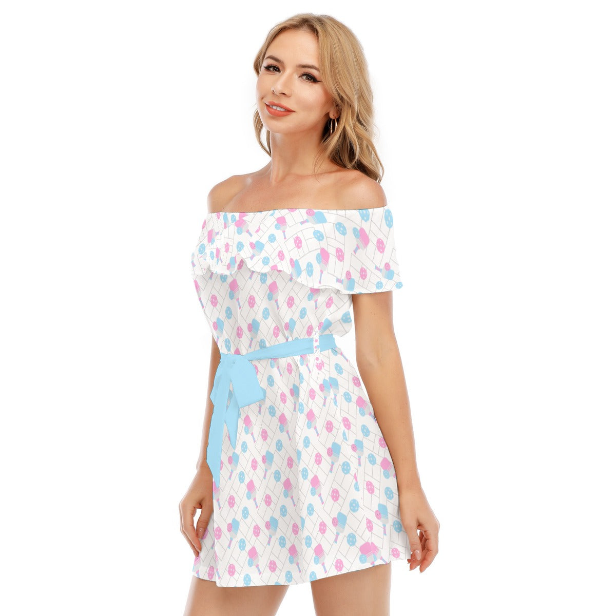 Pickleball Court Spin - Women's Off-shoulder Ruffle Dress