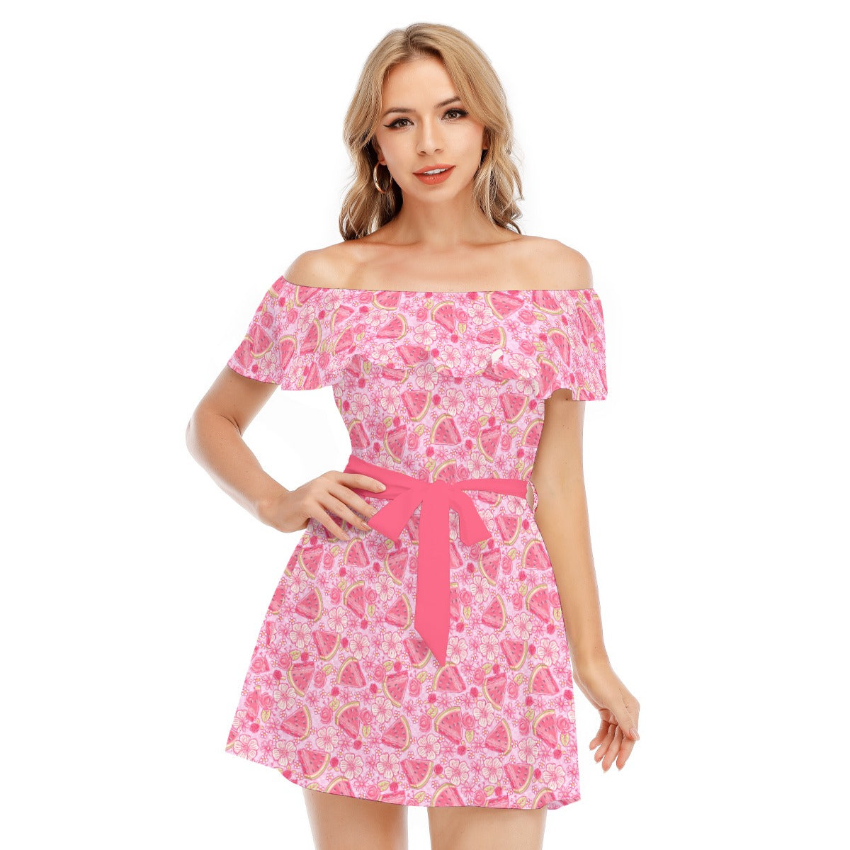Summer Fruits - Watermelon - Women's Off-shoulder Ruffle Dress