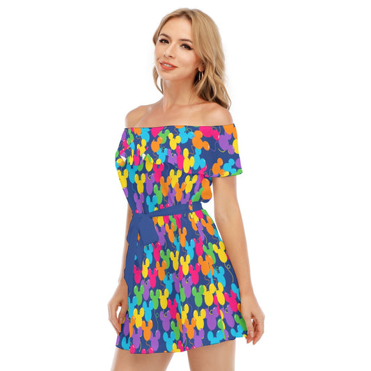 Bright Mouse Ear Balloons - Women's Off-shoulder Ruffle Dress