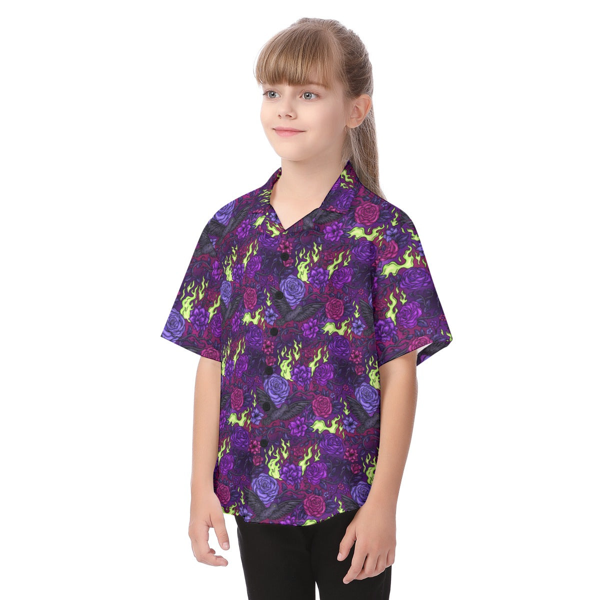 Fairytale Florals - Dark Enchantress - Kid's Hawaiian Button Up Shirt