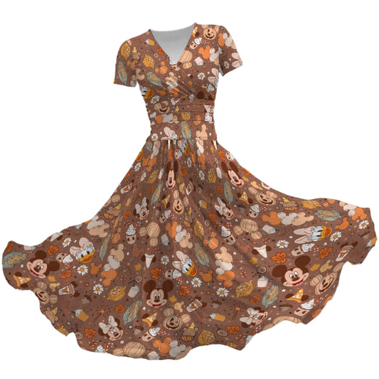 Pumpkin Spice Friends Fall - Women's V-Neck Ruched Midi Dress