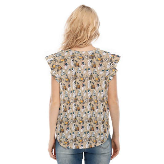 Robot Romance Sketched - Women’s Flutter Sleeve Top