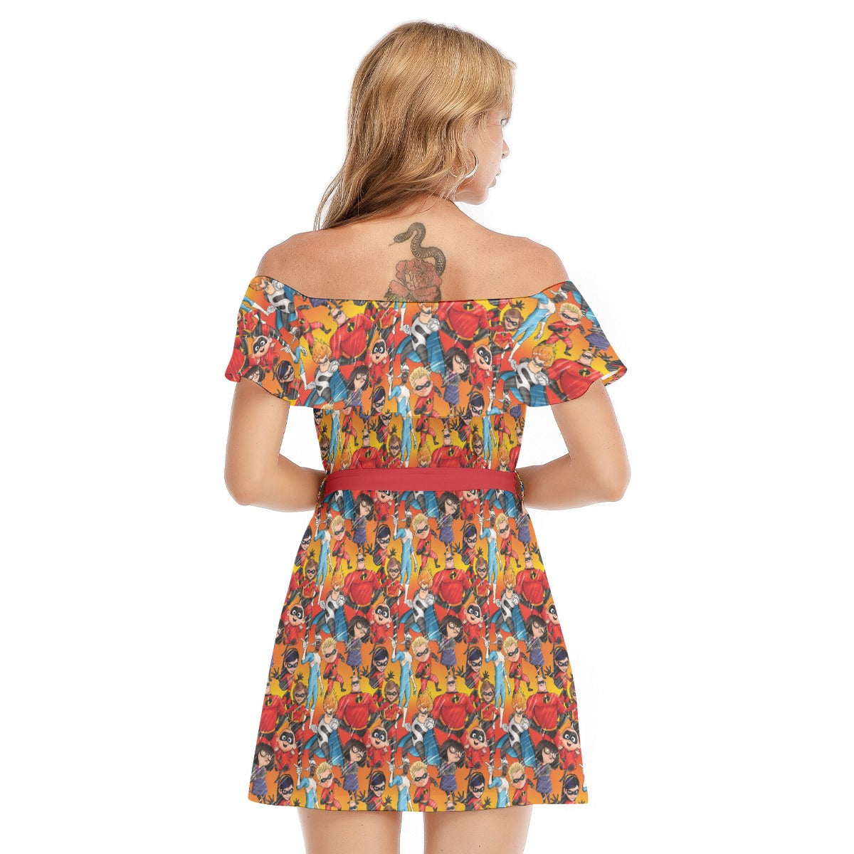 Super Squad Sketched - Women's Off-shoulder Ruffle Dress