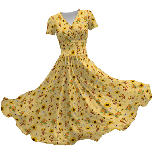 Cheerful Bee & Citrus Bird - Women's V-Neck Ruched Midi Dress