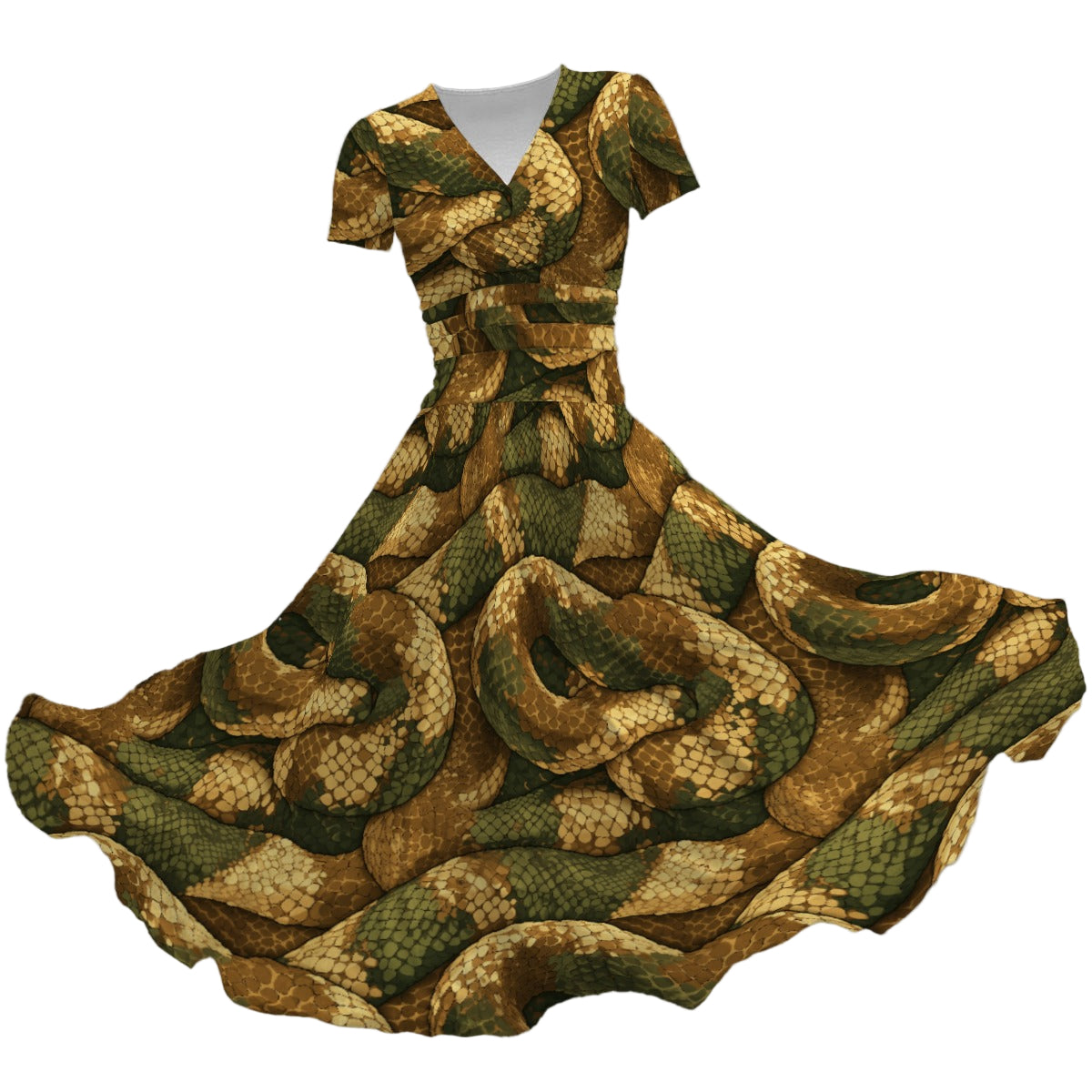 Animal Print - Snake - Women's V-Neck Ruched Midi Dress