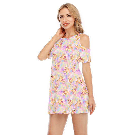 Watercolor Honey Bear - Women's Cold Shoulder Cotton Dress
