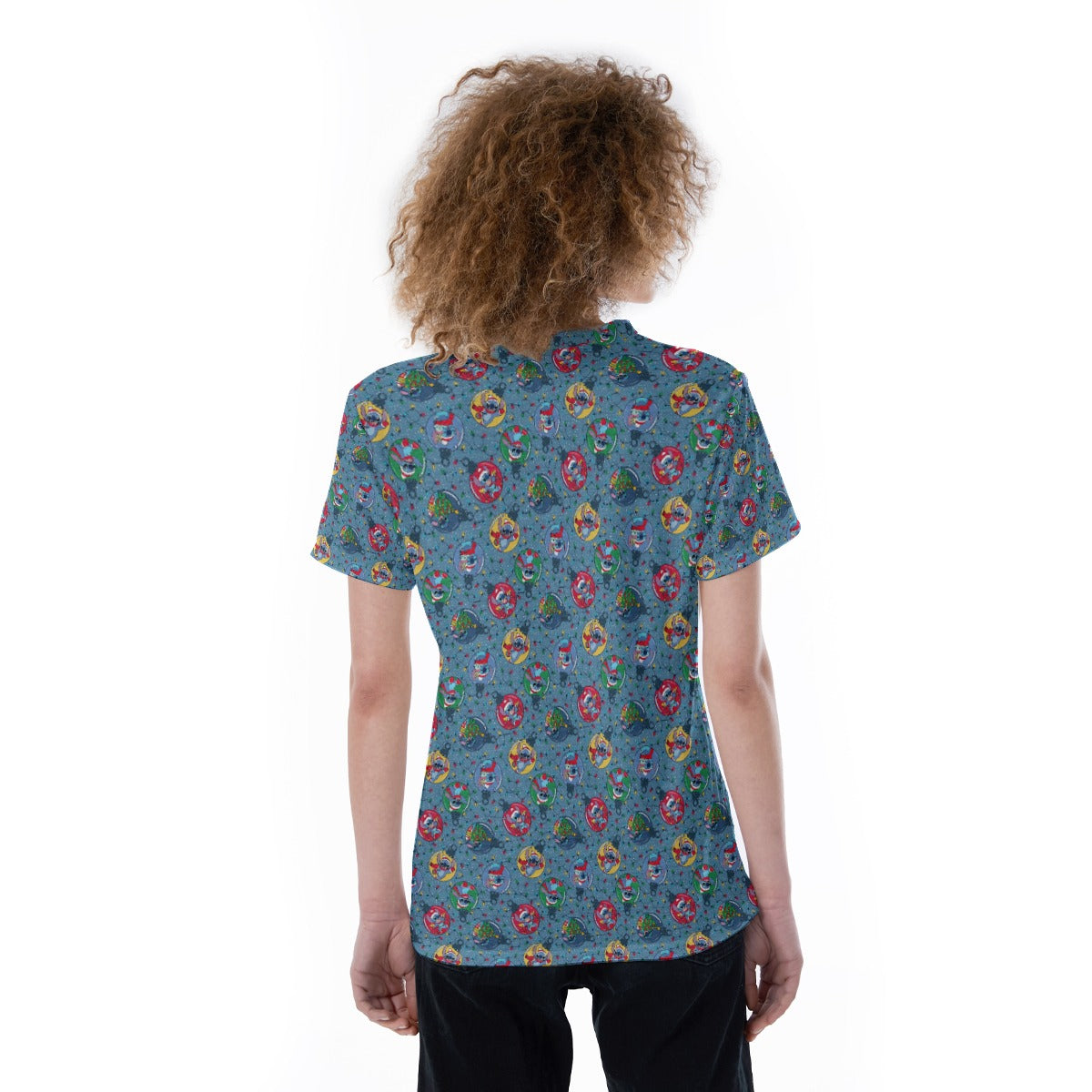 Holiday Baubles with Mischievous Blue Alien - Women's Short Sleeve V-Neck T-Shirt