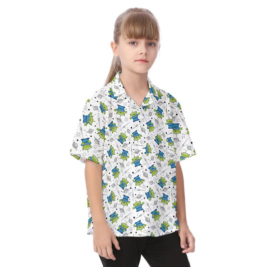 Playful Green Aliens on White - Kid's Hawaiian Button Up Shirt