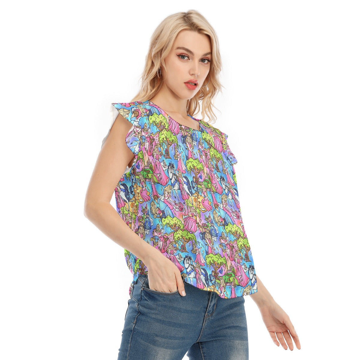Dreaming Princess Storybook Scenes - Women’s Flutter Sleeve Top