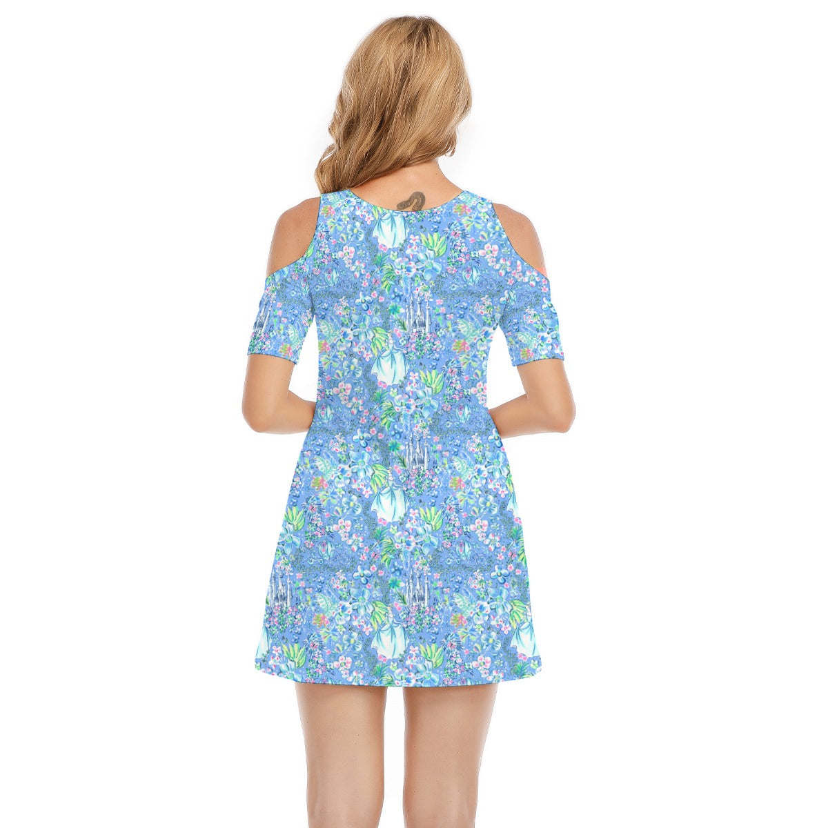 Bright Tropical Princess - Royal Beach Day - Women's Cold Shoulder Cotton Dress