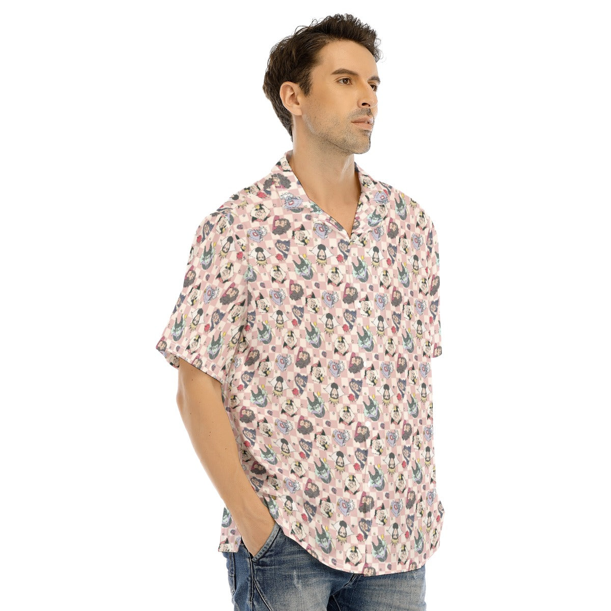 Pink Checker Disney Villains - Men's Hawaiian Button Up Shirt