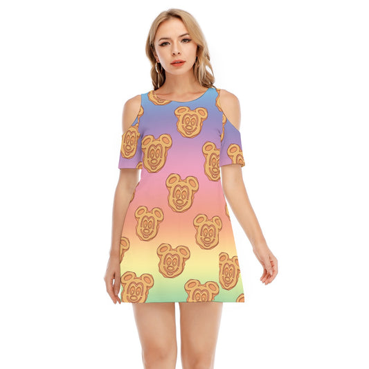 Rainbow Mouse Waffles - Women's Cold Shoulder Cotton Dress