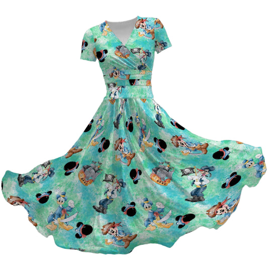 Pirate Crew Watercolor Adventure - Women's V-Neck Ruched Midi Dress
