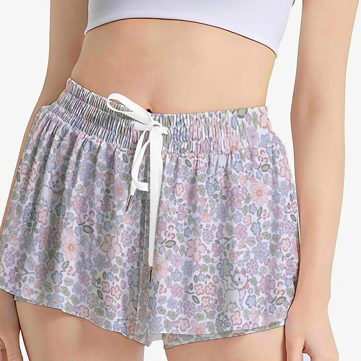 Springtime Kitten Garden Elegance - Women's Flowy Pocket Shorts