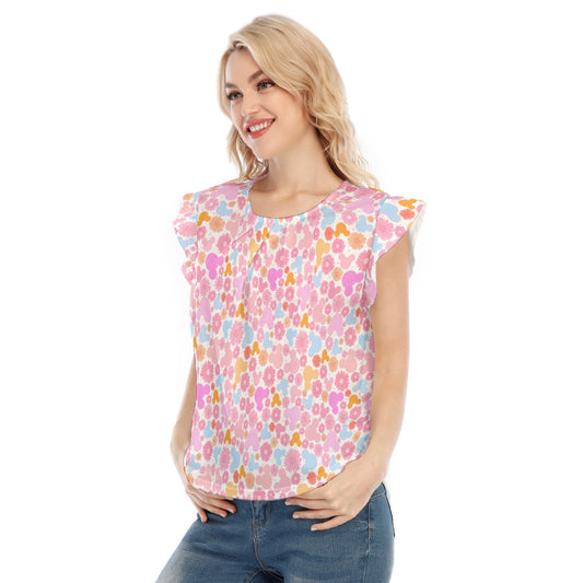 Retro Floral Mouse - Women’s Flutter Sleeve Top