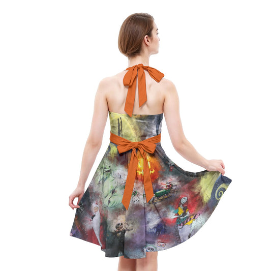Watercolor Nightmare Town - Women's Halter Vintage Pocket Dress