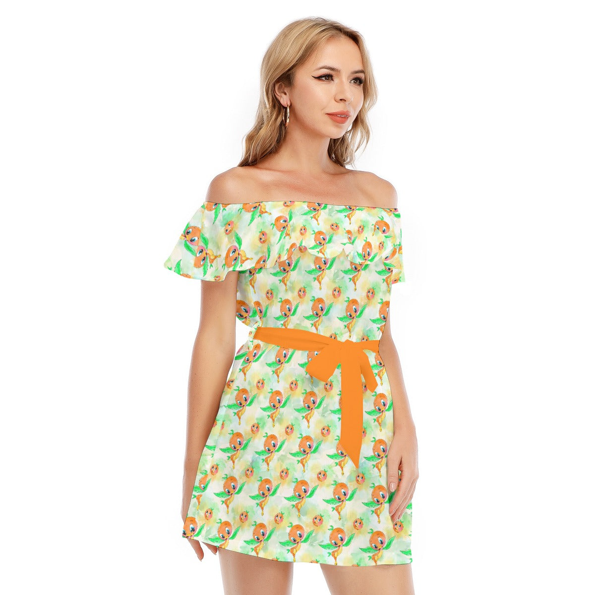 Sunny Citrus Thoughts - Women's Off-shoulder Ruffle Dress