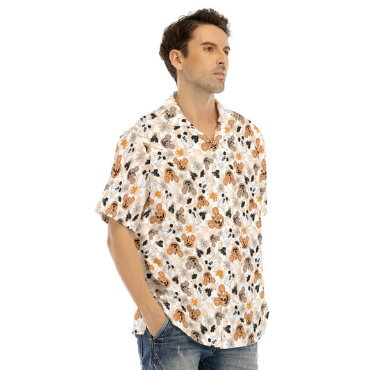 Checkered Halloween Ghosts & Pumpkins - Men's Hawaiian Button Up Shirt