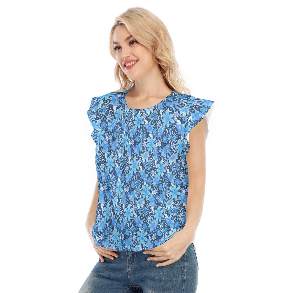 Blue Crystal Moths - Women’s Flutter Sleeve Top