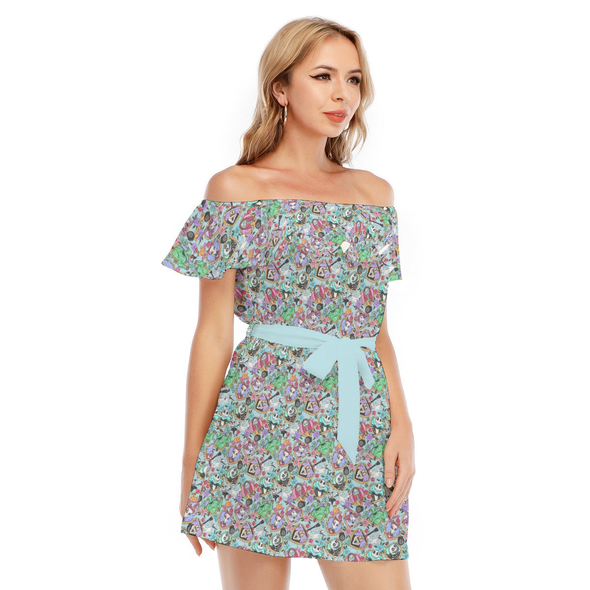 Tattoo Hearts Spooky Crew - Women's Off-shoulder Ruffle Dress