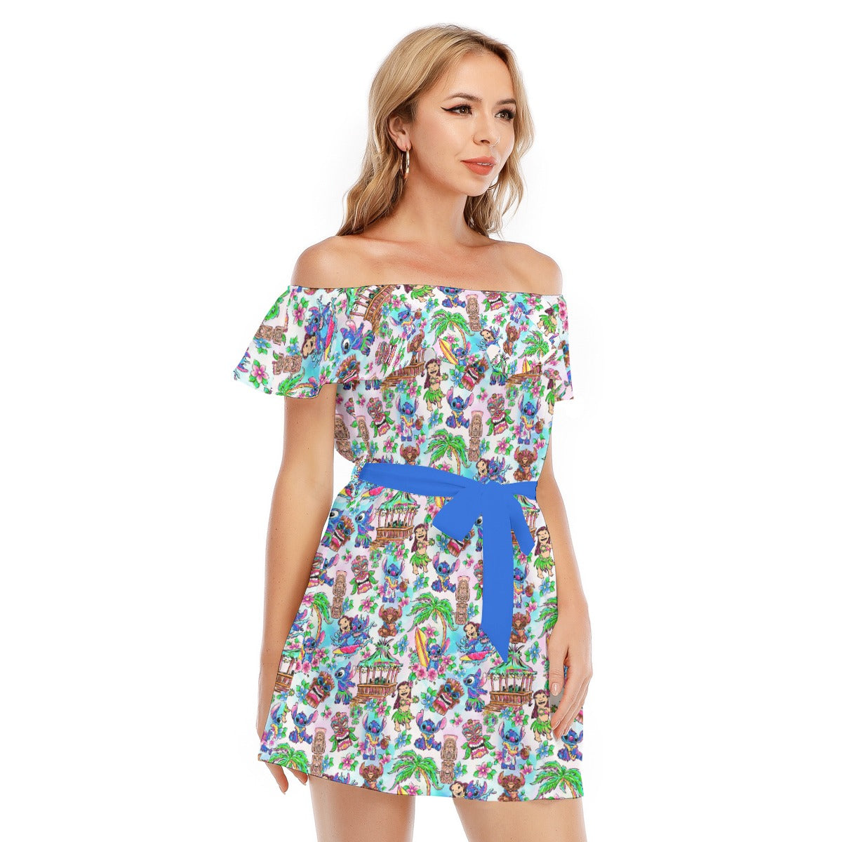 Bright Island Chaos Hand Drawn - Women's Off-shoulder Ruffle Dress