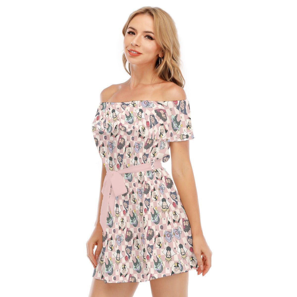 Pink Checkerboard Villains - Women's Off-shoulder Ruffle Dress