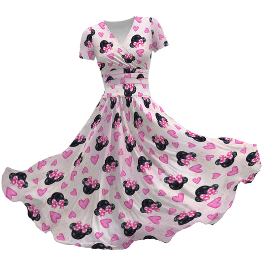 Watercolor Pink Bow Mouse Ears - Women's V-Neck Ruched Midi Dress